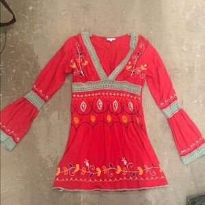 Y2K babydoll Debbie‎ Katz embroidered bell sleeve top Red V-Neck Women's Top
